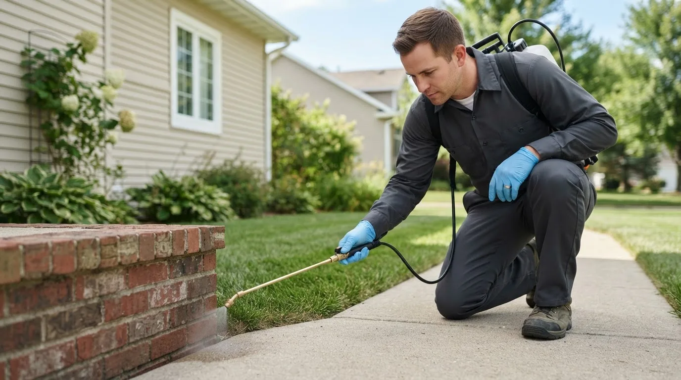 Pest control technician treating a home near Deering, ND