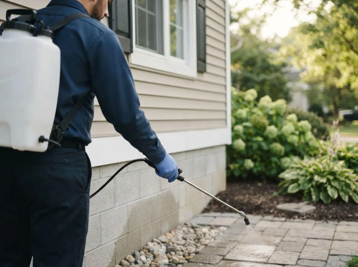 Pest control technician inspecting a home in Deering, ND